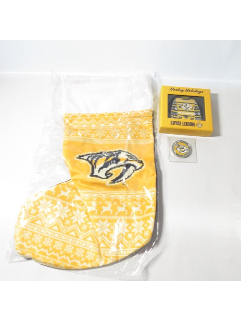 Nashville Predators NHL Christmas Stocking, Ugly Sweater Ornament & 20/21 Coin